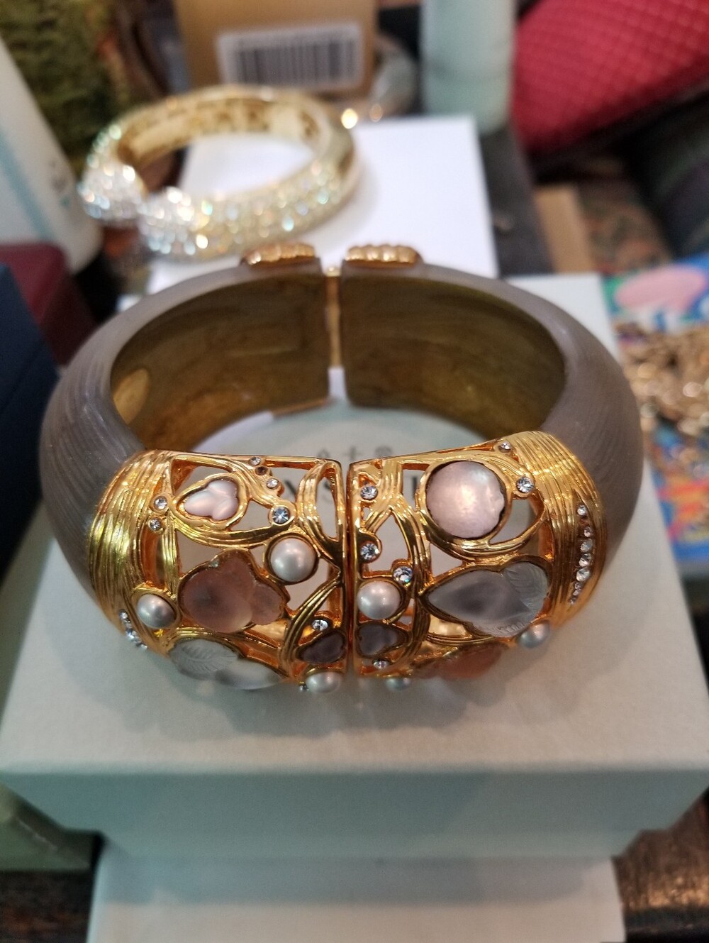 Alexis Bittar Gold-Tone Cuff Bracelet with Pink and White Floral  Accents